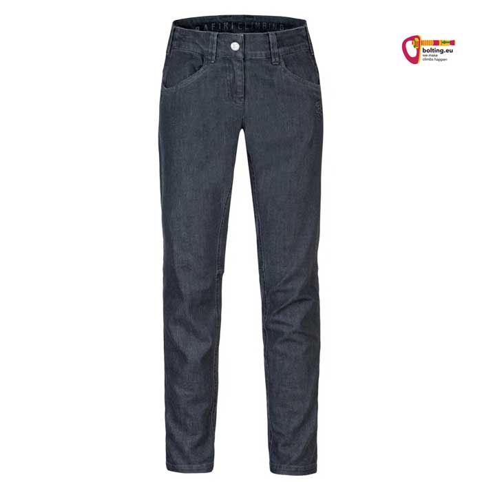 Schwarze Rafiki Asis Damen Denim Kletterhose von vorne.