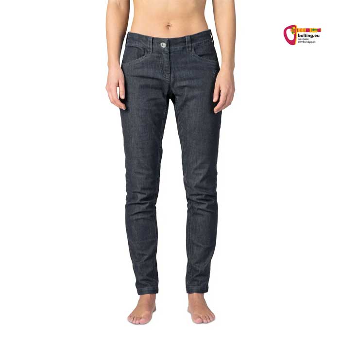 Modell ohne Shirt mit schwarzer Rafiki Asis Damen Denim Kletterhose von vorne.