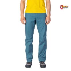 Modell mit gelbem Shirt und blauer Rafiki Runout leichter Kletterhose von vorne.