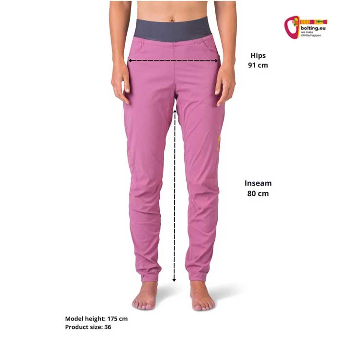 Grafik mit den Maßen einer rosa Rafiki Damen Kletterhose für den Sommer.