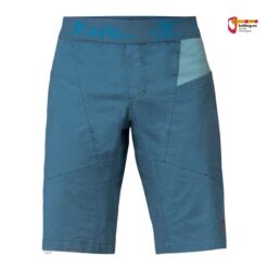 Kurze Kletterhose in blau mit türkisen Einsatz von der Rückseite.