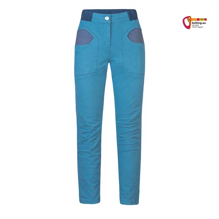 Hellblaue Damen Leinen Kletterhose von vorne.