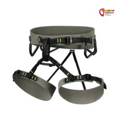 Beige schwarzer Arcteryx AR 385A Damen Klettergurt von der Vorderseite auf weißem Hintergrund.