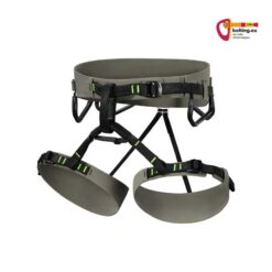 Beige schwarzer Arcteryx AR 395A Herren Klettergurt von der Vorderseite auf weißem Hintergrund.