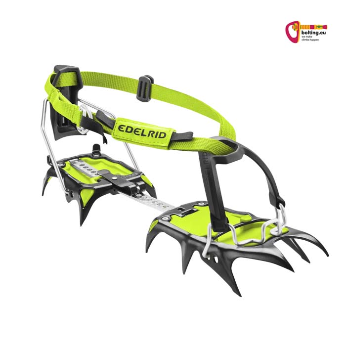 Grün schwarzes Edelrid Shark Auto 12 Zack Steigeisen mit Semi Automatic Bindung schräg von vorne.