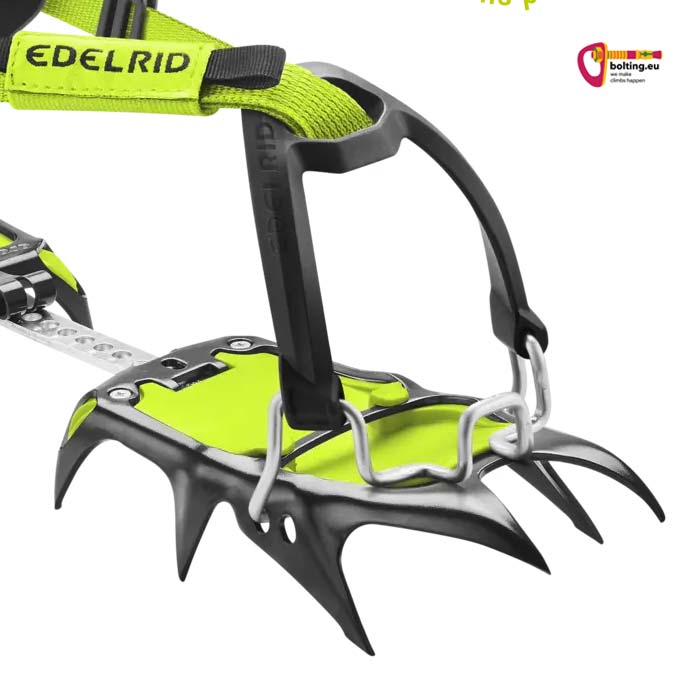 Schwarzes Semi-Automatic Frontteil eines Edelrid Steigeisens mit scharfen Zacken.