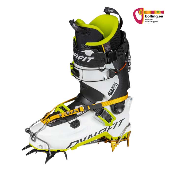Weiss - schwarzer Skitourenschuh mit Steigeisen Grivel G Rider montiert.