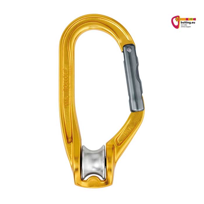 Oranger Petzl Rollclip A Karabiner mit Rolle und Schnapper Verschluss nach rechts.