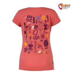 Rotes Rafiki Jay Damen Bio Baumwolle Klettershirt von der Rückseite mit Aufdruck am Rücken.