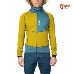 Modell mit gelb blauem Rafiki Ascent Full Zip Hoody von vorne.