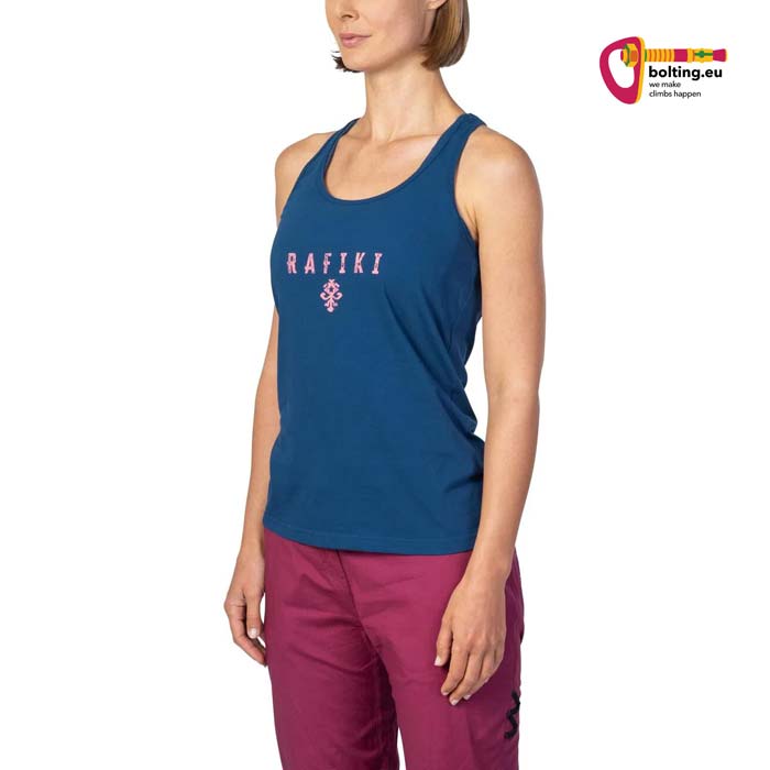 Modell mit blauem Rafiki Damen Kletter Tank Top von der Seite vor weißem Hintergrund.