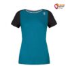 Blau graues Rafiki Chulilla Lady Damen Klettershirt von vorne vor weißem Hintergrund.