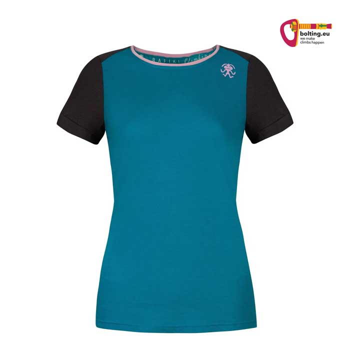 Blau graues Rafiki Chulilla Lady Damen Klettershirt von vorne vor weißem Hintergrund.
