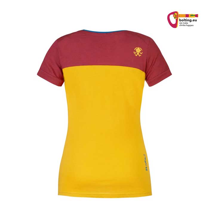 Gelb rotes Rafiki Chulilla Lady Damen Klettershirt von hinten vor weißem Hintergrund.