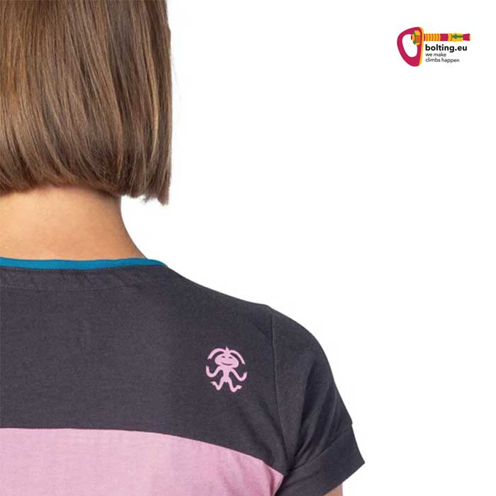 Rosa Graues Rafiki Damen Klettershirt mit Affenlogo auf Rücken.