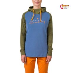 Modell mit blau grünem Rafiki Estrella Damen Kletter Hoody von der Vorderseite