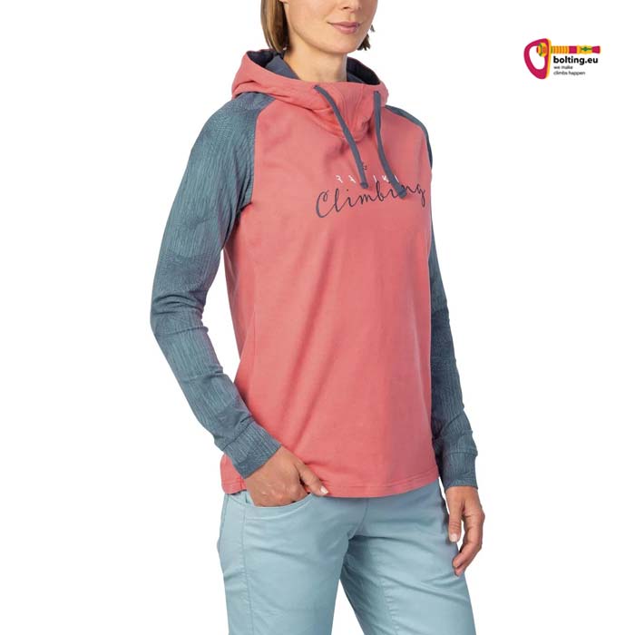 Modell mit pink grauem Rafiki Estrella Damen Kletter Hoody schräg von der Vorderseite