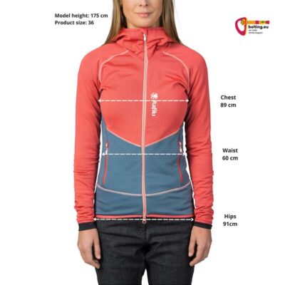 Modell mit rosa blauem Rafiki Linya Full Zip Hoody zur Beschreibung der Größe M mit Maßen.