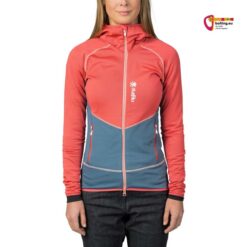 Modell mit rosa blauem Rafiki Linya Full Zip Hoody von der Vorderseite.