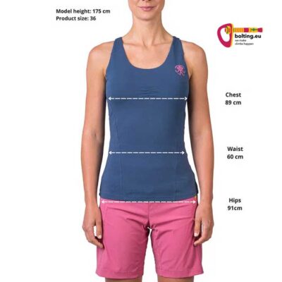 Grafik mit einem Modells mit Rafiki Klettertank für Damen mit Angaben Brust, Taille und Hüfte Umfang.