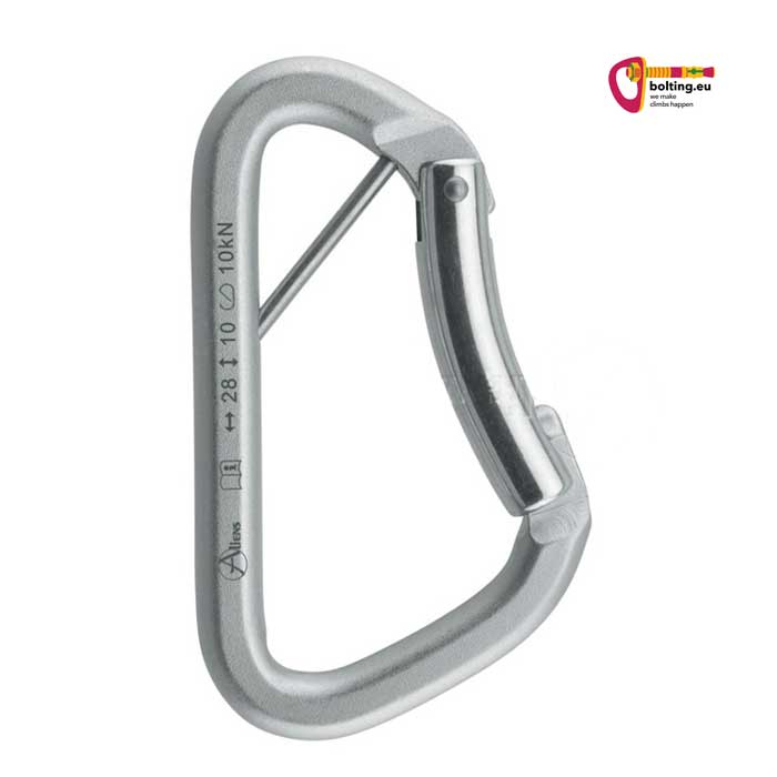 Silberner Karabiner vor weißemHintergrund.