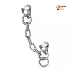 Silberner Abseilstand verzinkt mit 2 Ringen vor weißem Hintergrund.