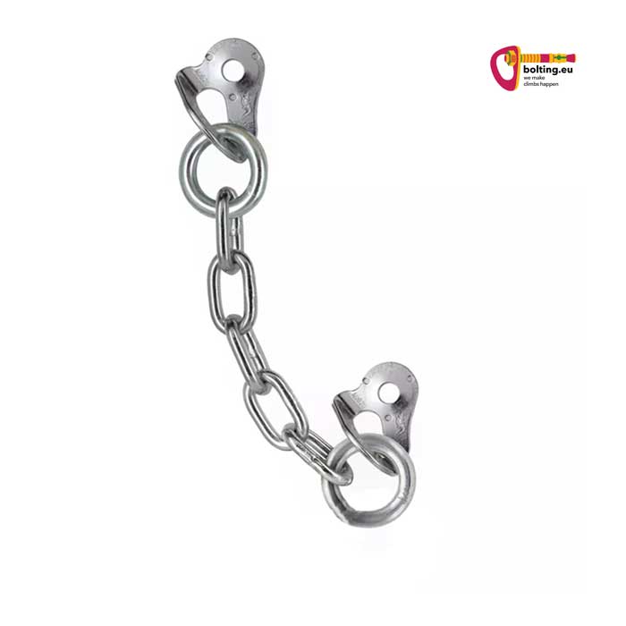 Silberner Abseilstand verzinkt vor weißem Hintergrund.