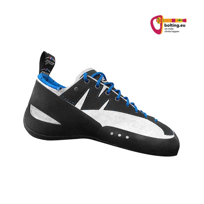 Weiß-blau-schwarzer EB Torch Lace Kletterschuh von der Seite.