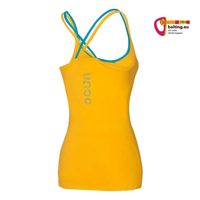Gelbes Ocun Corona Klettertop von der Rückseite auf weißem Hintergrund.