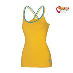 Gelbes Ocun Corona Klettertop von der Vorderseite auf weißem Hintergrund.