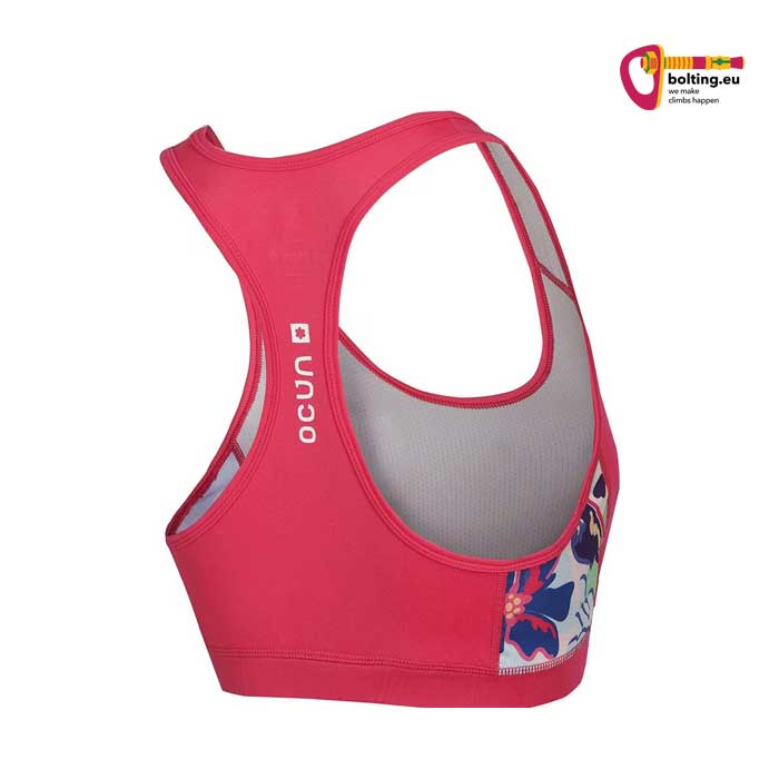 Pinkes Ocun Misty Bra Kletter Top von hinten vor weißem Hintergrund.