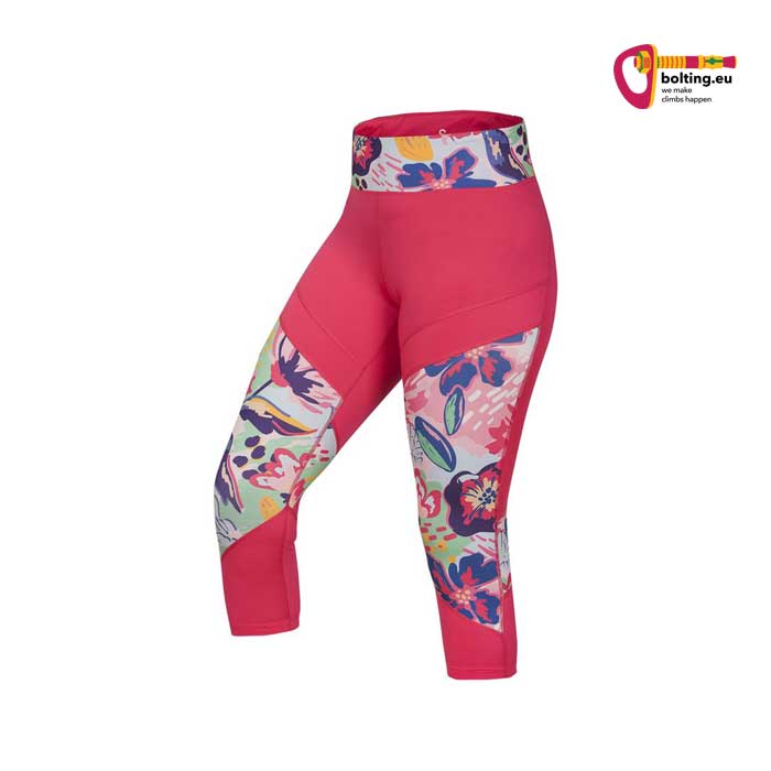 Pinke Ocun Rhea 3/4 Kletterleggings von der Seite vor weißem Hintergrund.