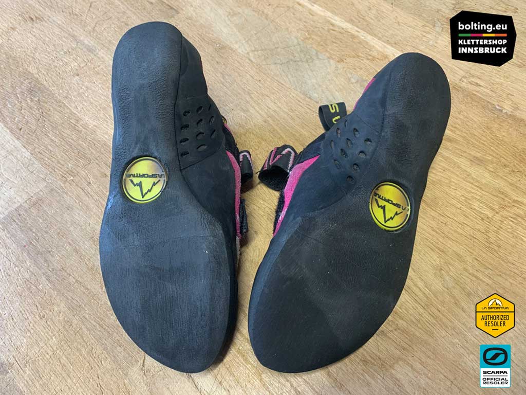 Neue Klettersohle eines Paar La Sportiva Katana nach der Neubesohlung.