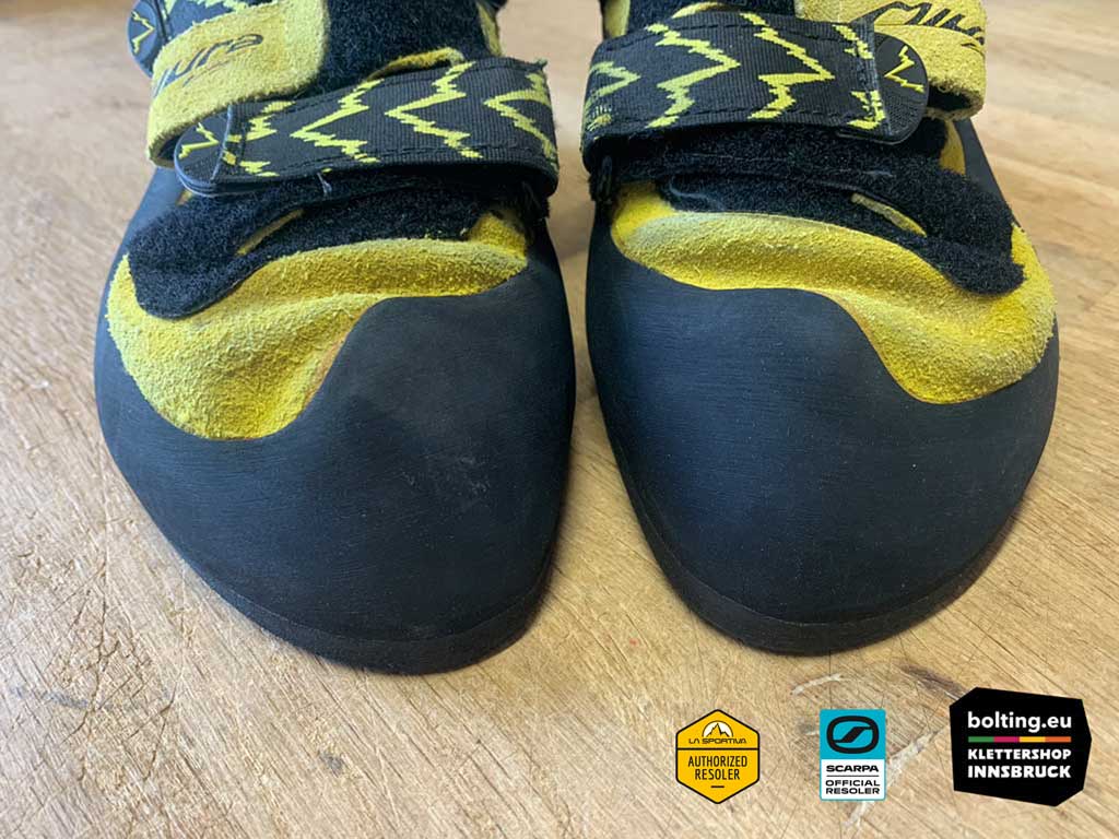 Zehenboxen eines Paar La Sportiva Miura Kletterschuhe nach der Neubesohlung.