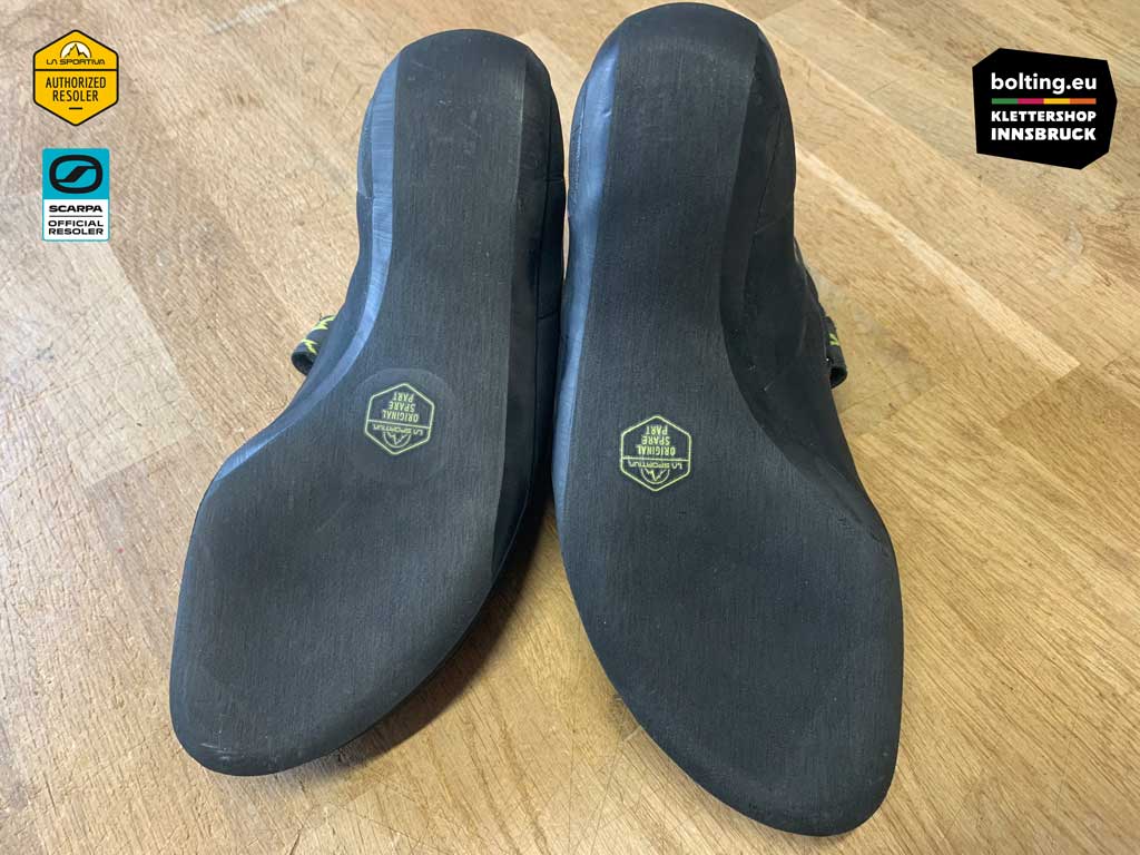 Neue Klettersohlen eines Paar La Sportiva Miura nach der Neubesohlung.