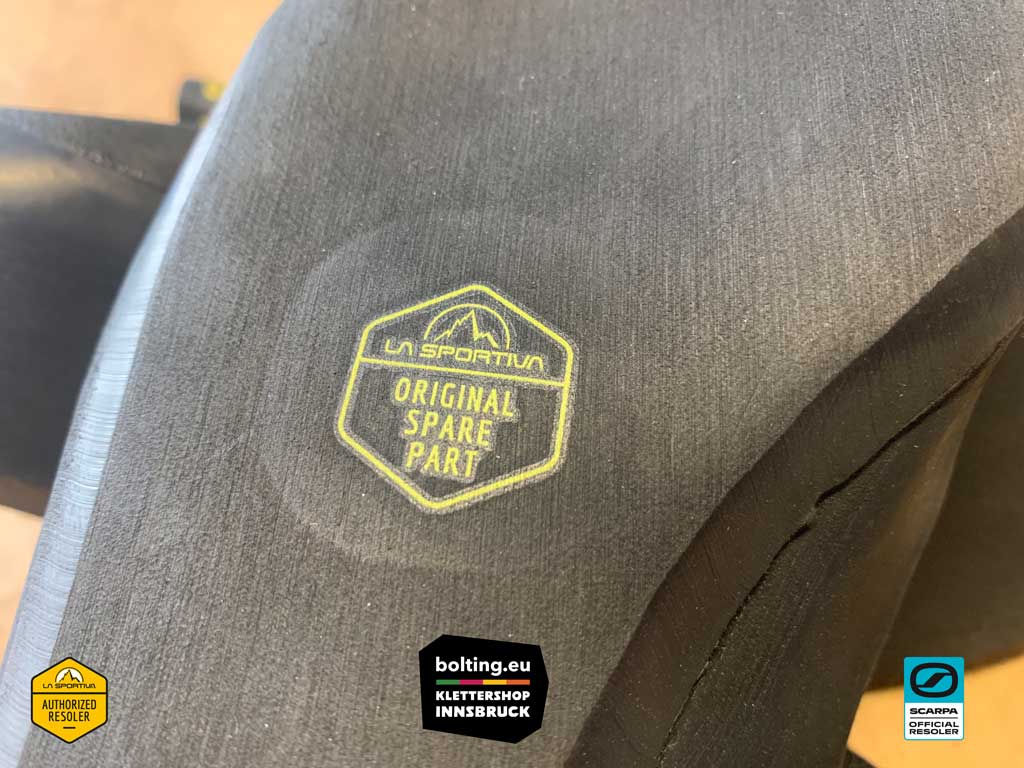 Klettersohle nach Resoling Service mit Official Spare Part Aufdruck von La Sportiva.
