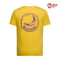 Rückseite des gelben La Sportiva Climbing on the Moon T Shirt M mit Retro Logo.