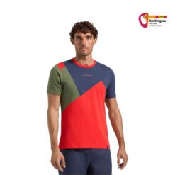 Modell mit buntem La Sportiva Klettershirt von der Rückseite.