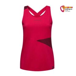 Rote geflecktes La Sportiva Twist Tank W von der Vorderseite vor weißem Hintergrund.