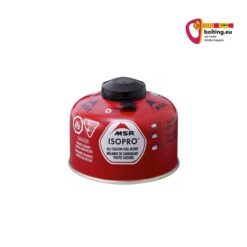 Rote MSR IsoPro Gaskartusche mit 110 Gramm auf weißem Hintergrund.