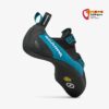 Blau schwarzer Scarpa Kletterschuh von seitlich unten mit Sohle.
