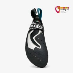 Weiß schwarzer Scarpa Damen Kletterschuh von vorne.