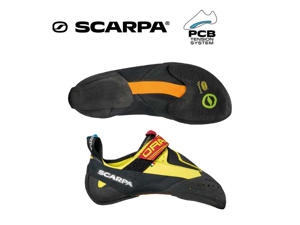 Grafik mit zwei Kletterschuh Bioldern zur Erklärung des PCB Tension Systems von Scarpa.