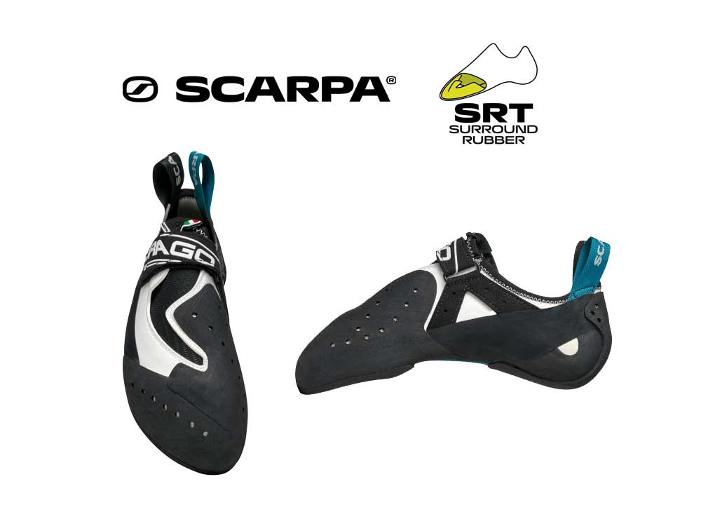 Grafik mit zwei Kletterschuhen zur Erklärung des Scarpa SRT Tension System.