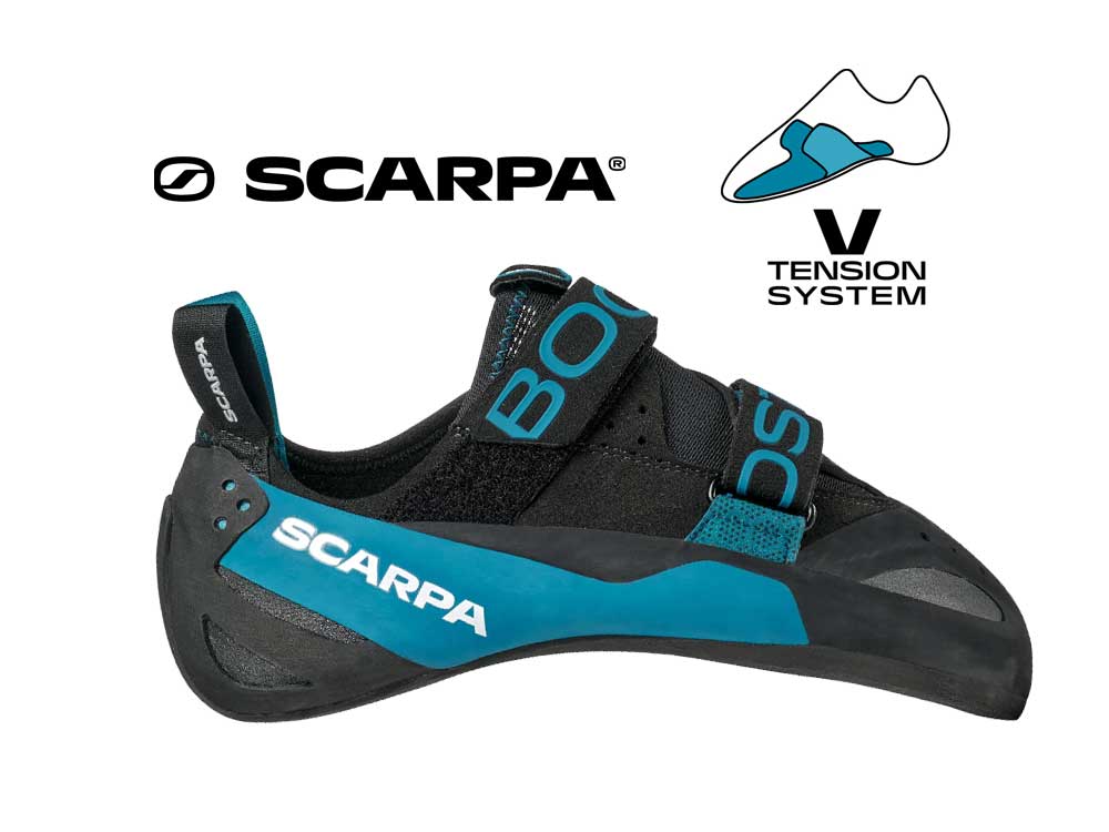 Grafik mit Scarpa Kletterschuh, Markennamen und v-Tension System Logo.