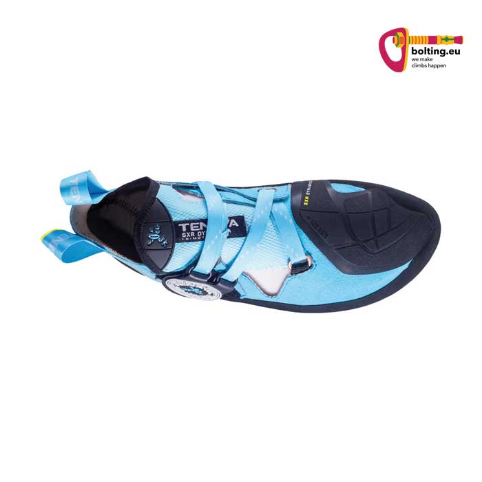 Blauer Tenaya Indalo Kletterschuh mit Draxtor Schnürsystem von oben.