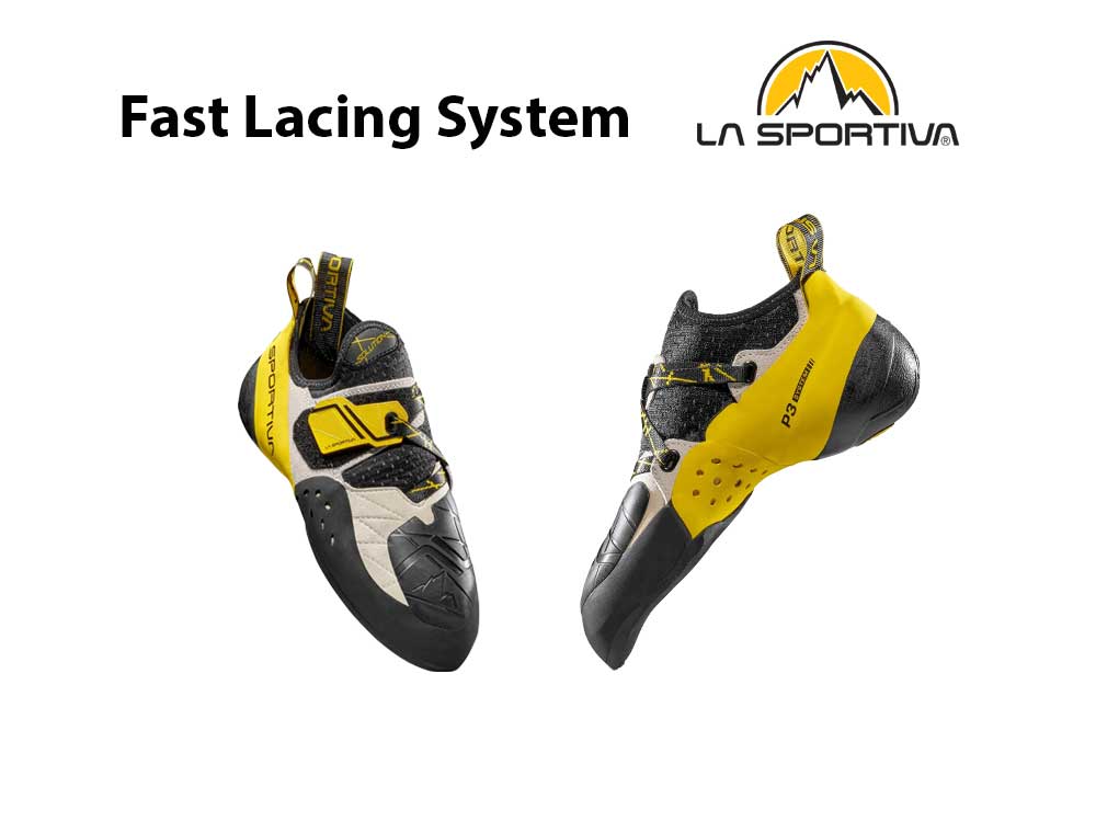 Zwei La Sportiv Solution Kletterschuhe mit dem Fast Lacing System.