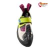 Schwarz, blau, grüner La Sportiva Skwama Woman Kletterschuh von der Vorderseite.