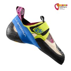 Schwarz, blau, grüner La Sportiva Skwama Woman Kletterschuh von der Außenseite.