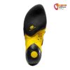 Ein schwarz gelber La Sportiva Solution Kletterschuh von der Unterseite.